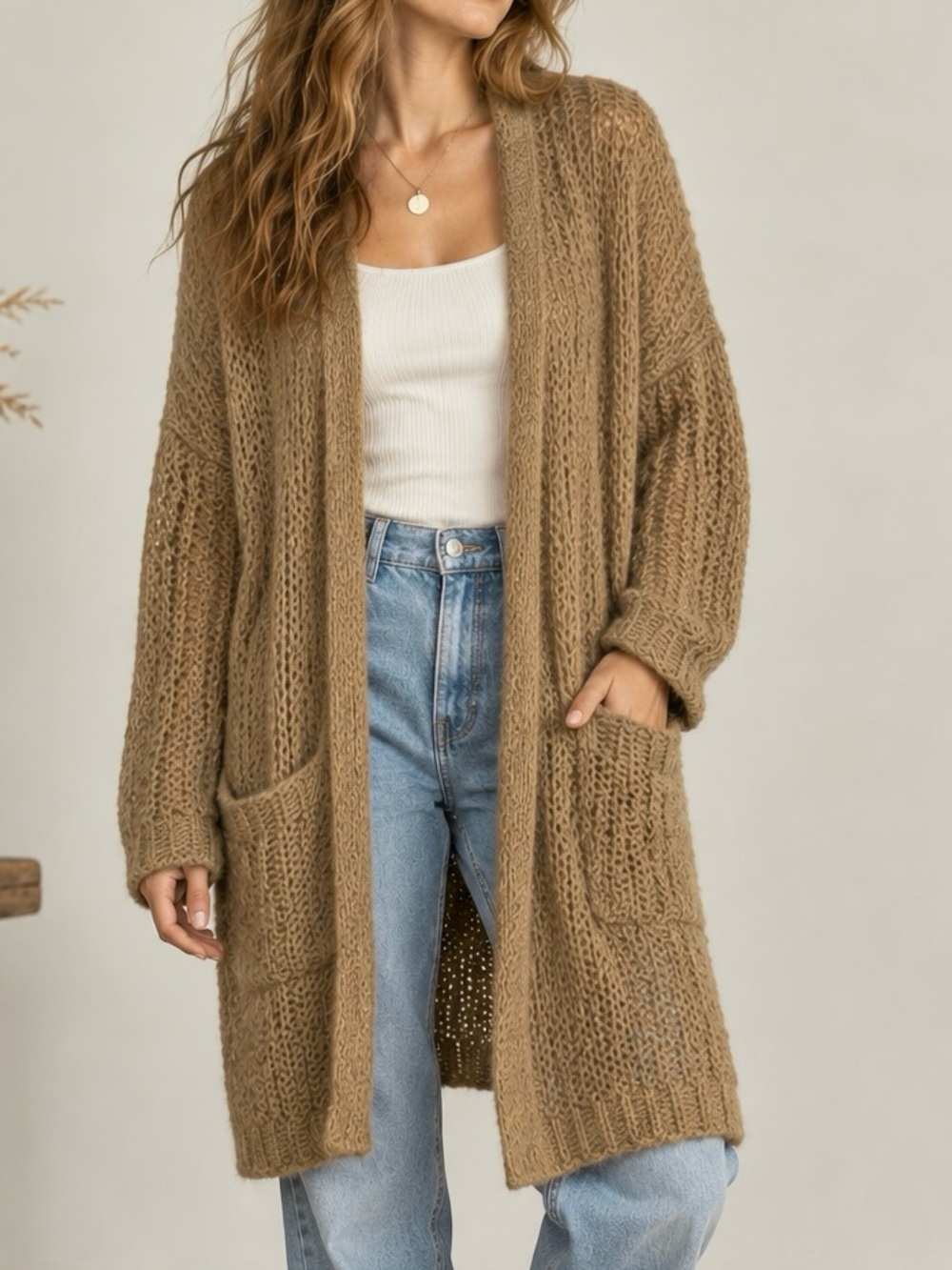 Fransa XL Wool Alpaca Blend Long Cardigan Chunky Open Knit NWT